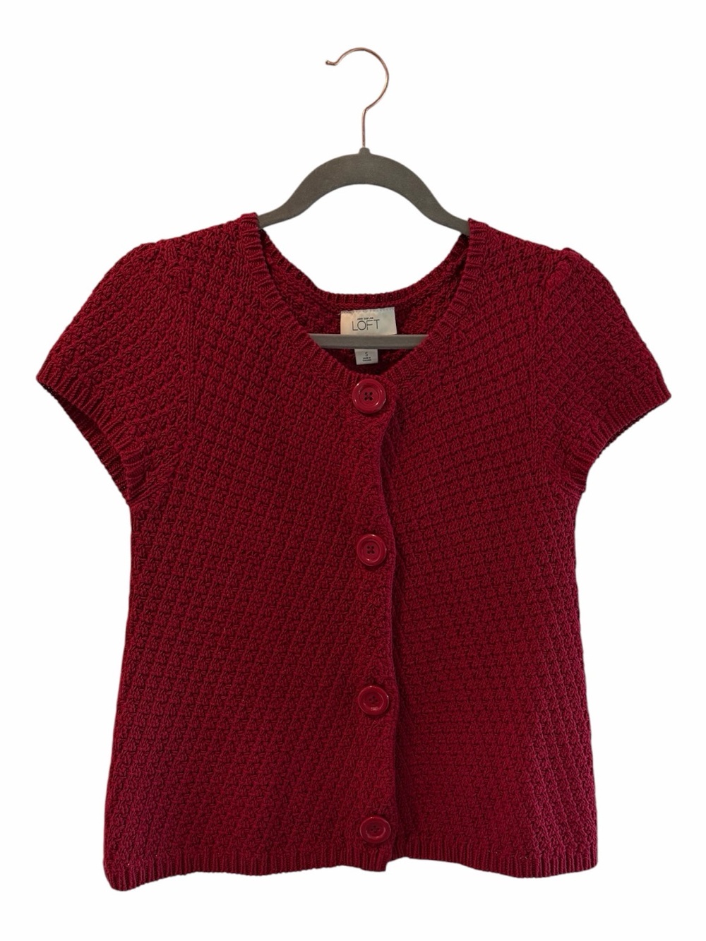 LOFT Cranberry Knit Cardigan Oversized Buttons Cap Sleeves Size Small - Picture 2 of 6